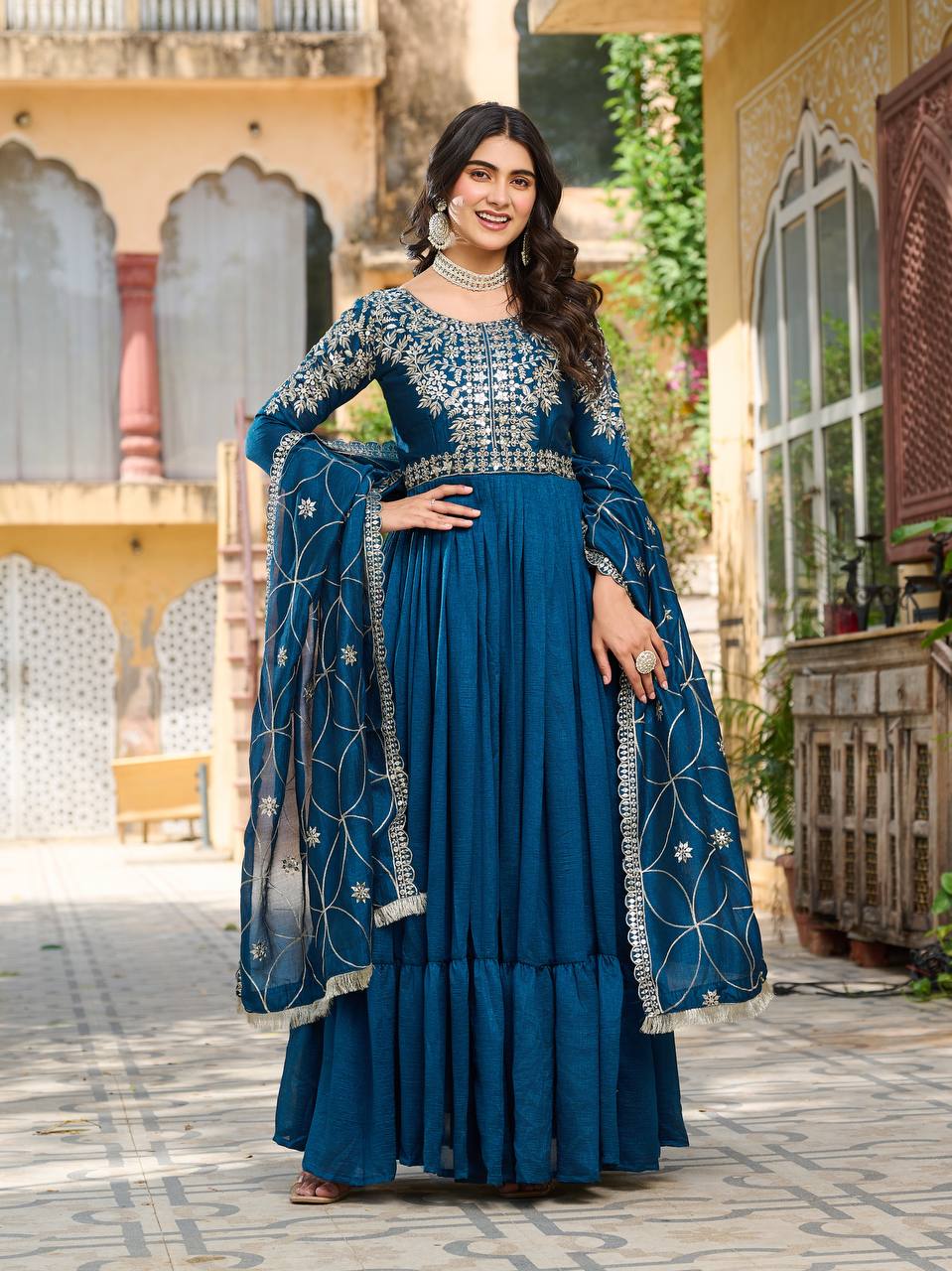 Piya teal blue Vichitra silk gown with sequins embroidery and dupatta