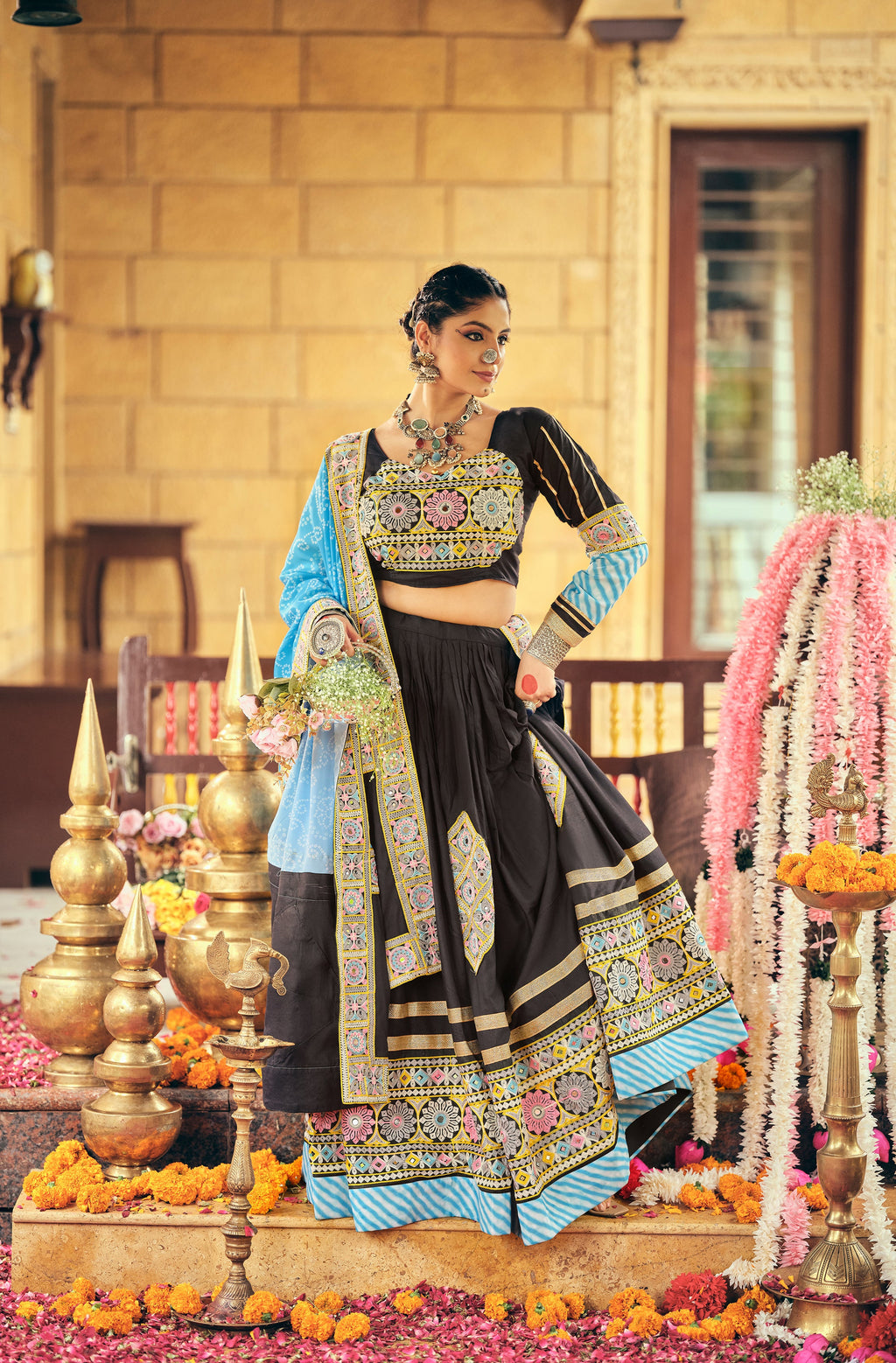 Black pure rayon embroidery mirror work lehenga choli