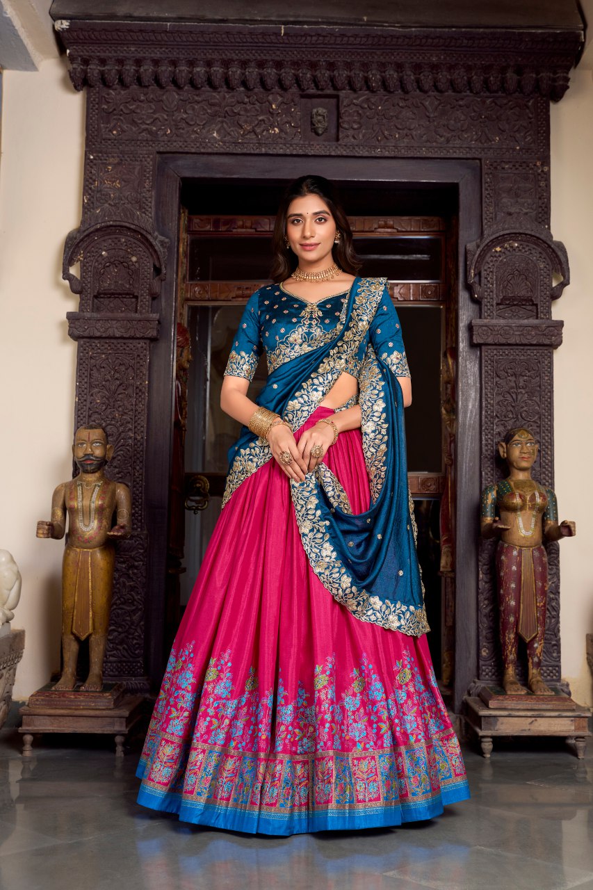 Blue tussar silk foil print lehenga choli with embroidered dupatta