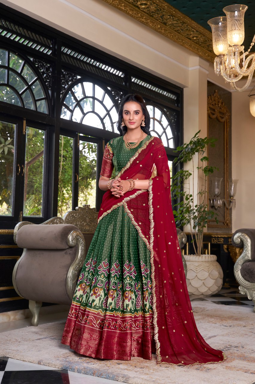 Green Kanchipuram silk lehenga choli with embroidered dupatta for wedding