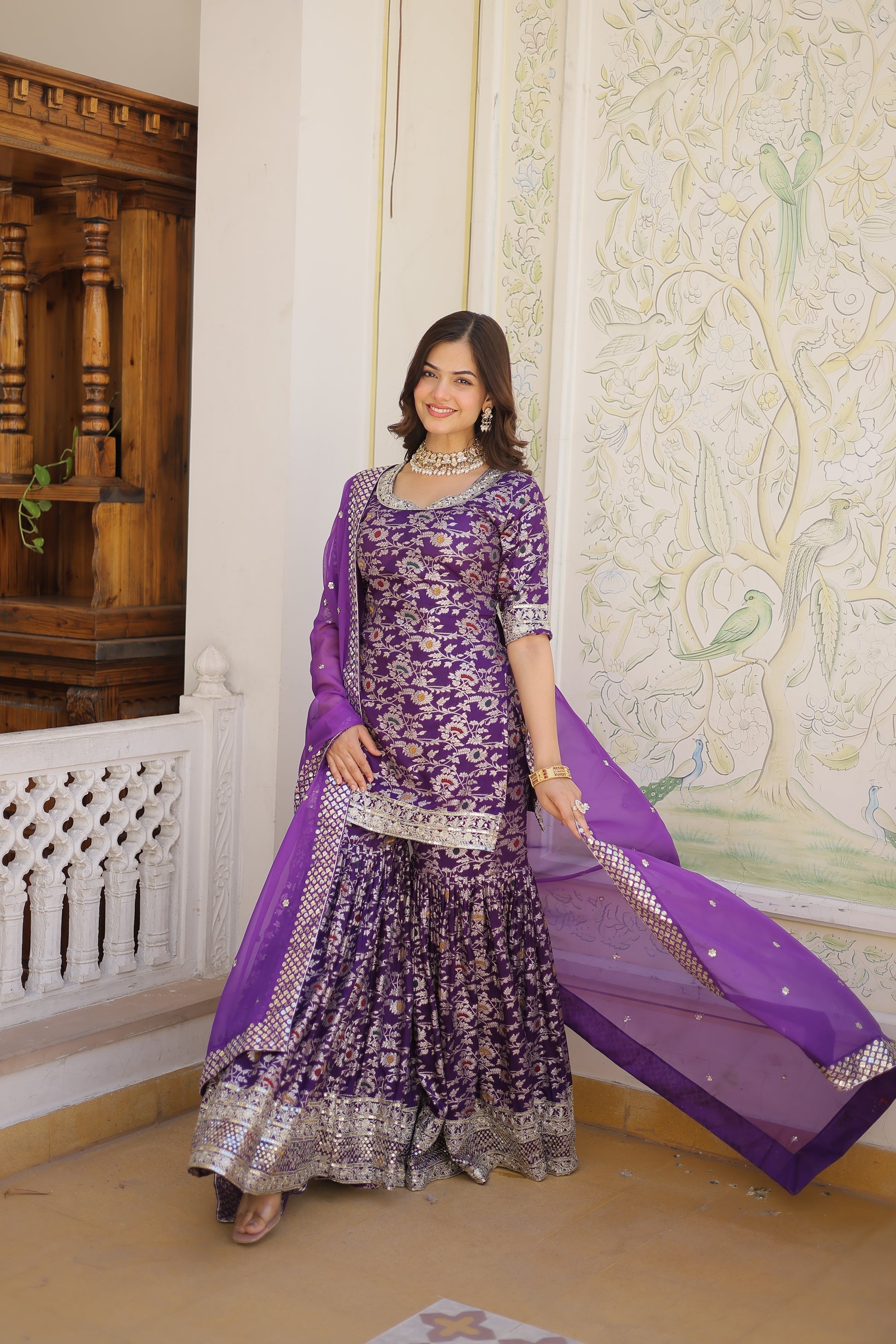 Wine viscose embroidered Krishnapriya designer gharara suit