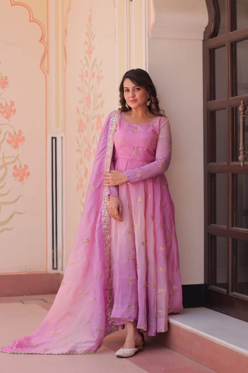 Pink organza flair gown with sequins zari embroidery and dupatta