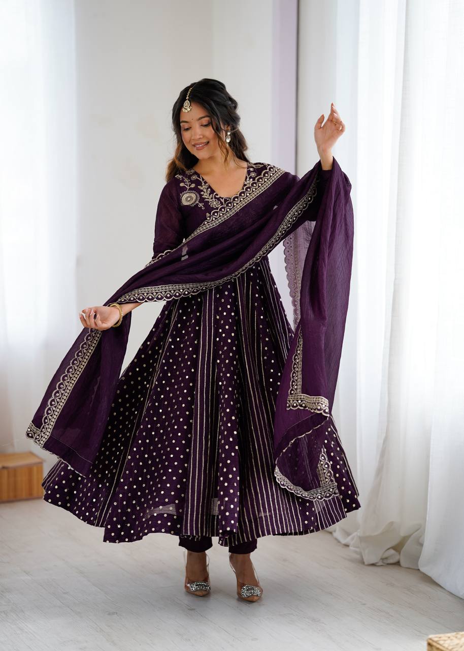 Purple traditional silk Anarkali suit set for women