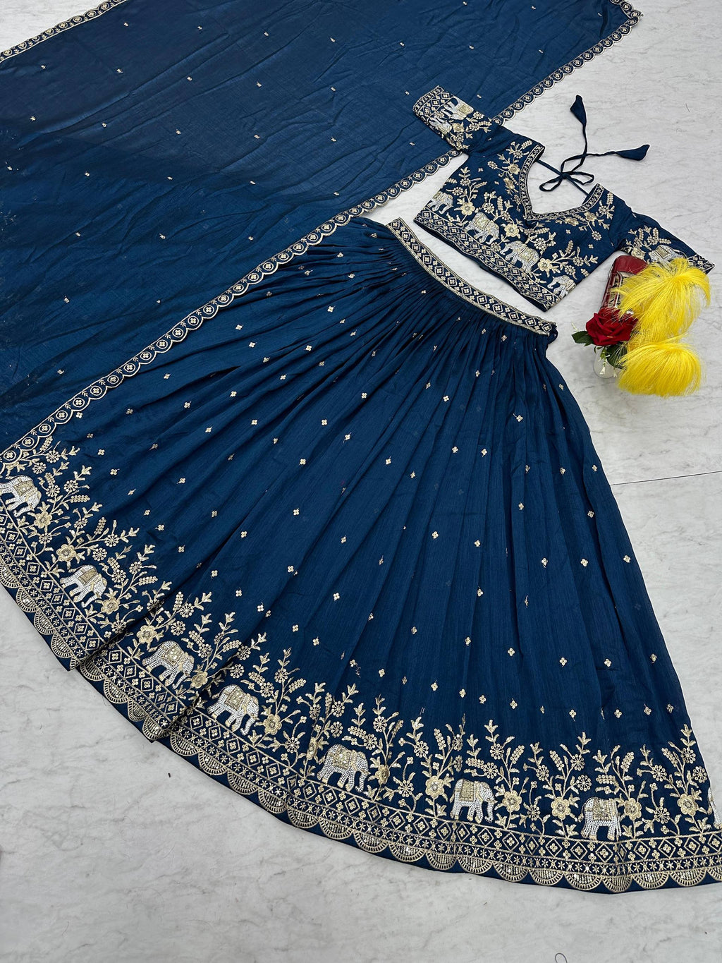 Gopi teal blue Vichitra silk lehenga choli with embroidery sequins thread work