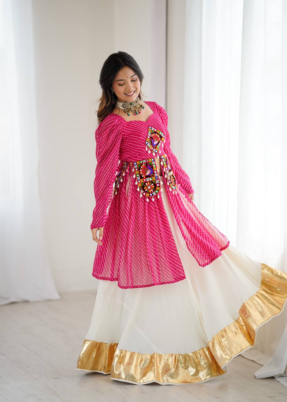 Pink georgette top with digital print and thread work butter silk Gota Patti lehenga