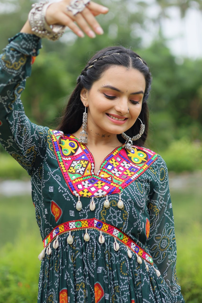 Dhruvi green georgette bandhani printed Navratri gown