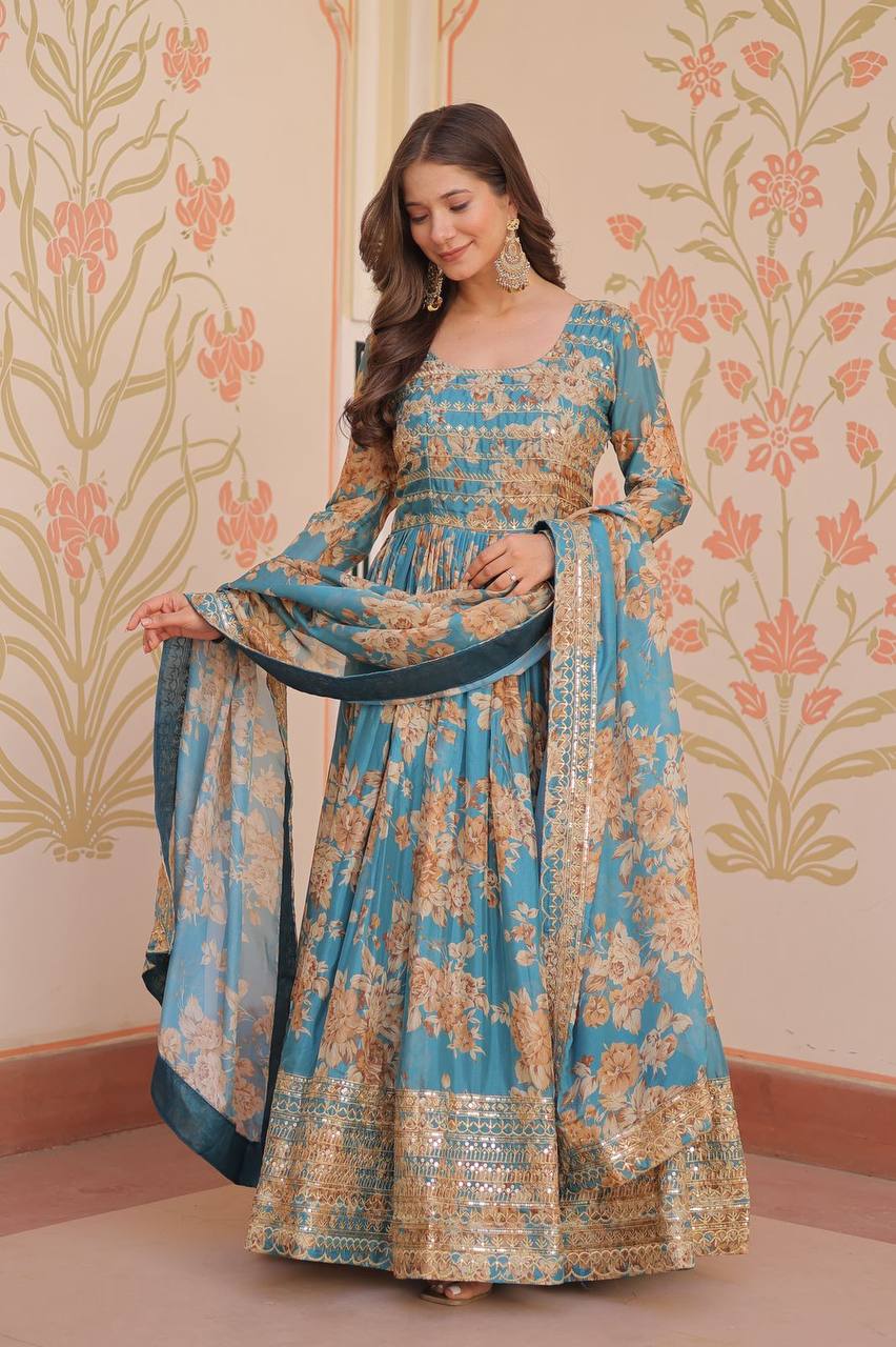 Teal blue Russian silk printed gown with embroidered sequins work and dupatta