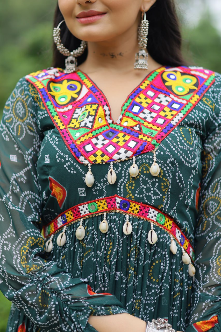 Dhruvi green georgette bandhani printed Navratri gown