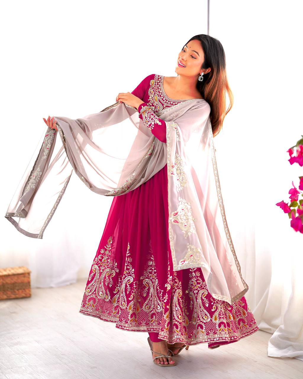 Pink georgette embroidered Tejvini designer gown