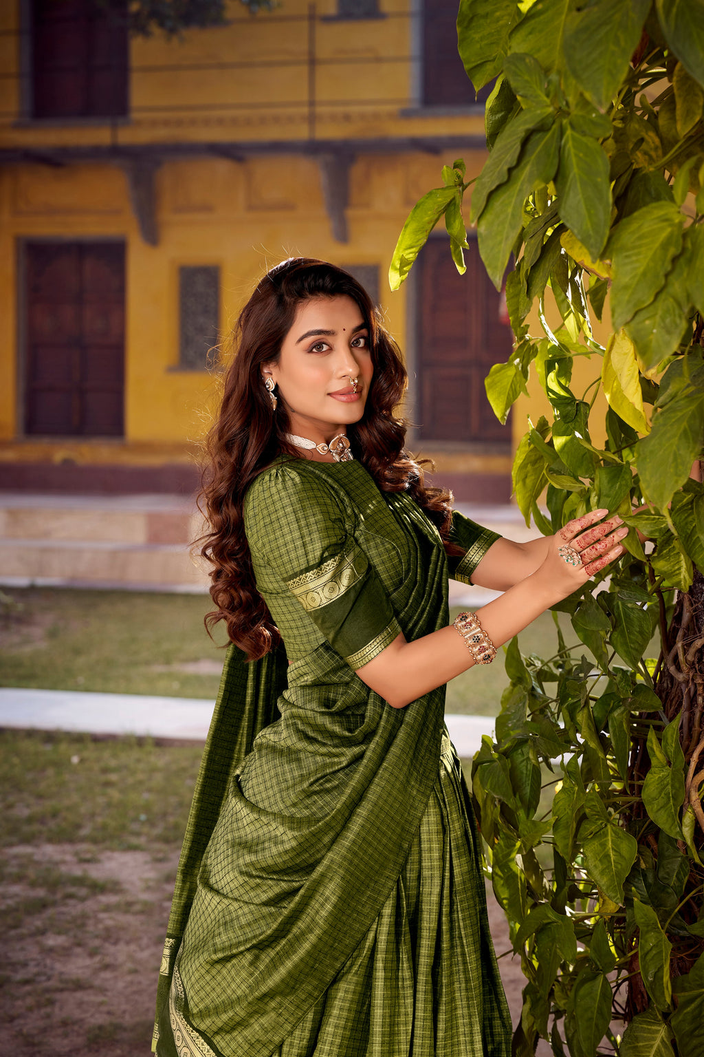 Rimi green Chettinad cotton chex half saree lehenga with zari weaving work