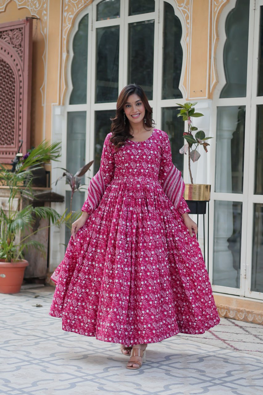 Pink cotton Mahi designer Anarkali suit with dupatta
