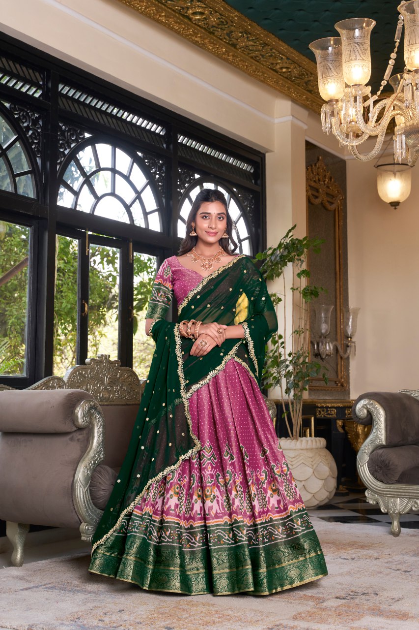 Pink Kanchipuram silk printed lehenga choli with embroidered dupatta