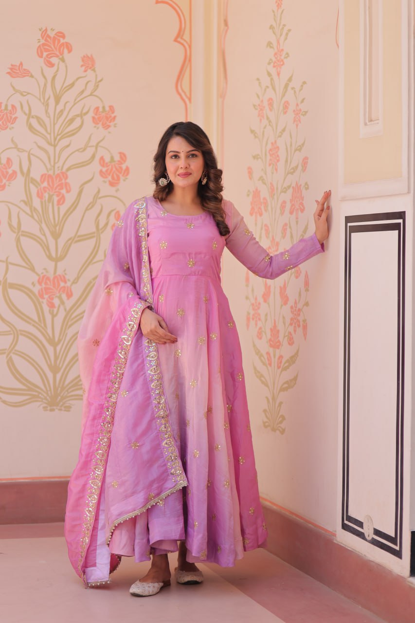 Pink organza flair gown with sequins zari embroidery and dupatta