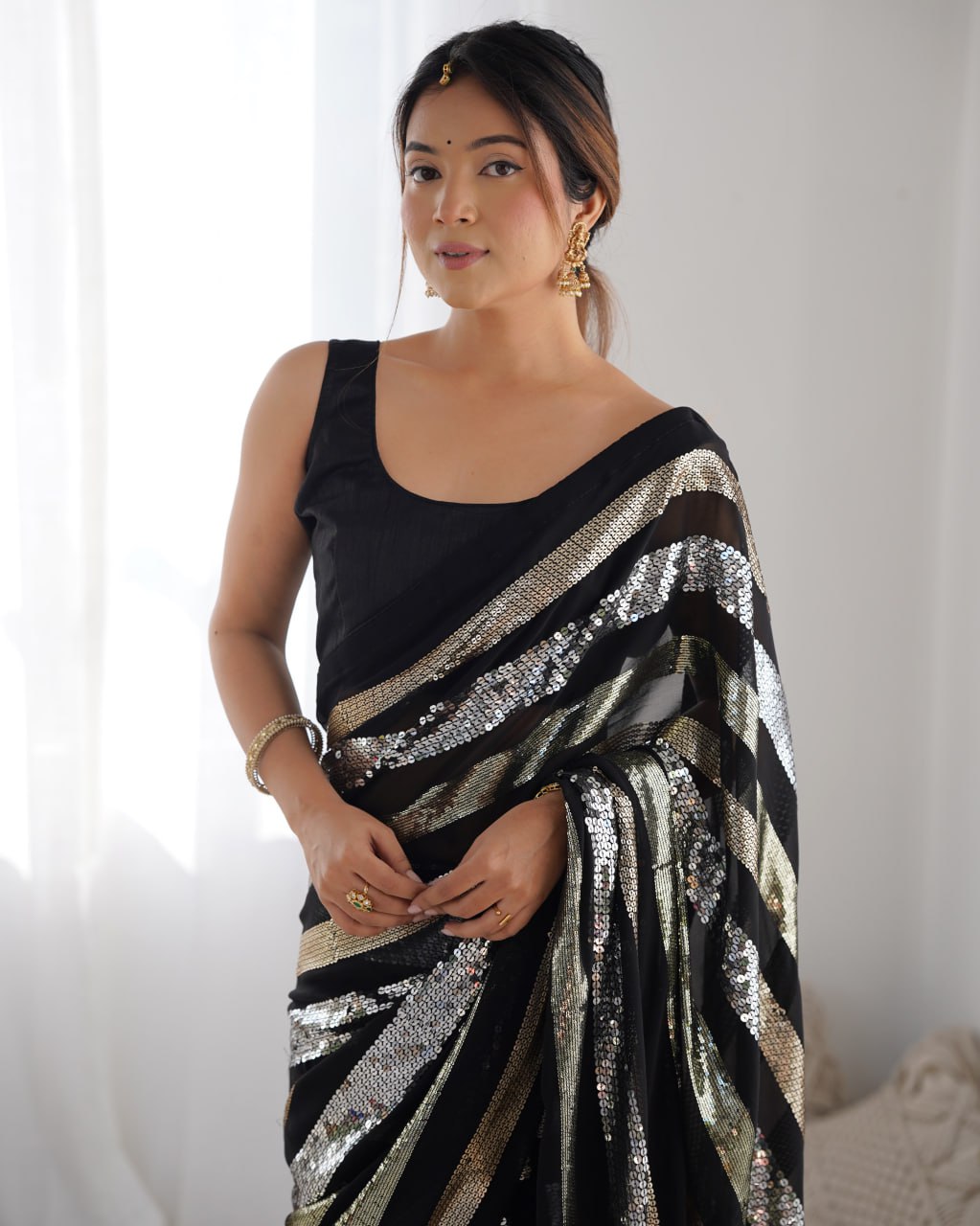 Black georgette sequin embroidered Kira designer saree