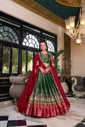 Green Kanchipuram silk lehenga choli with embroidered dupatta for wedding