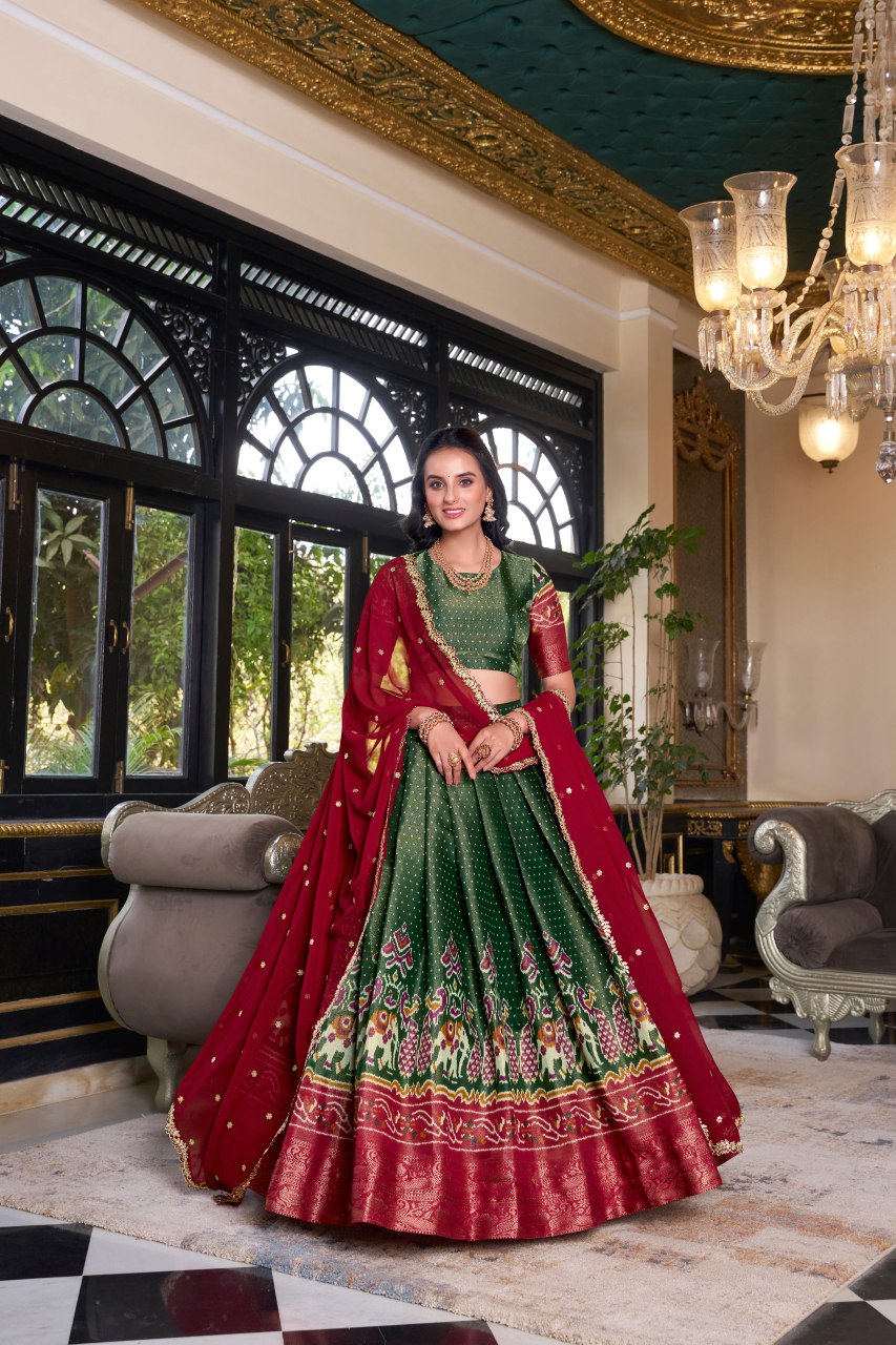 Green Kanchipuram silk lehenga choli with embroidered dupatta for wedding