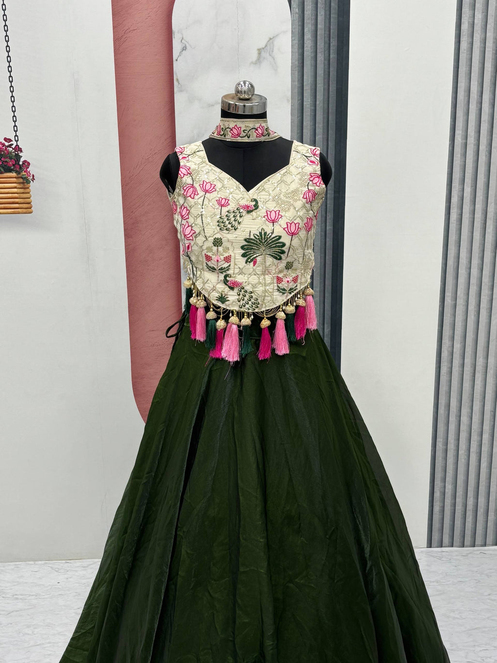 Tanu green tissue silk lehenga choli with sequins thread work and dupatta