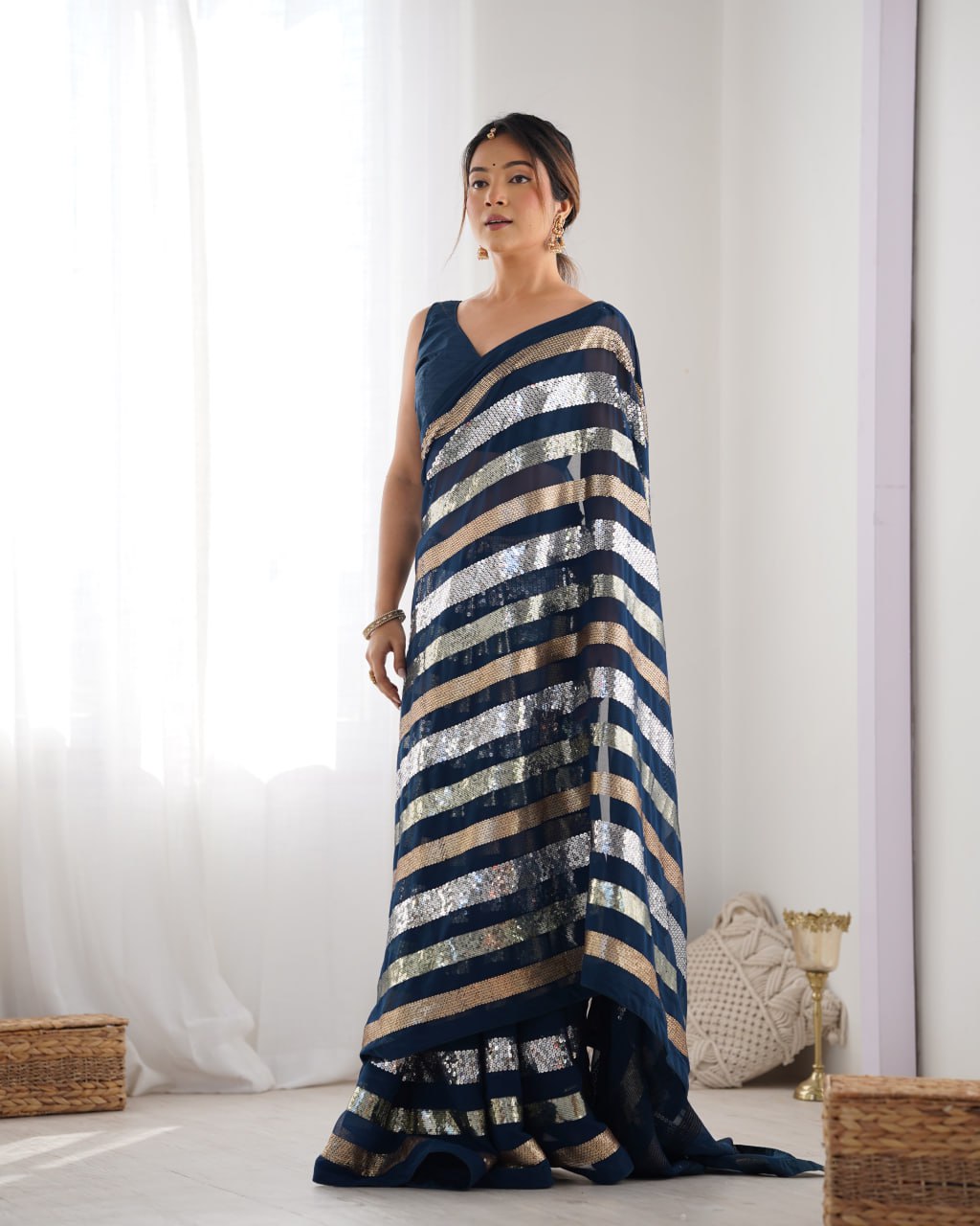 Navy blue georgette sequin embroidered Kira designer saree