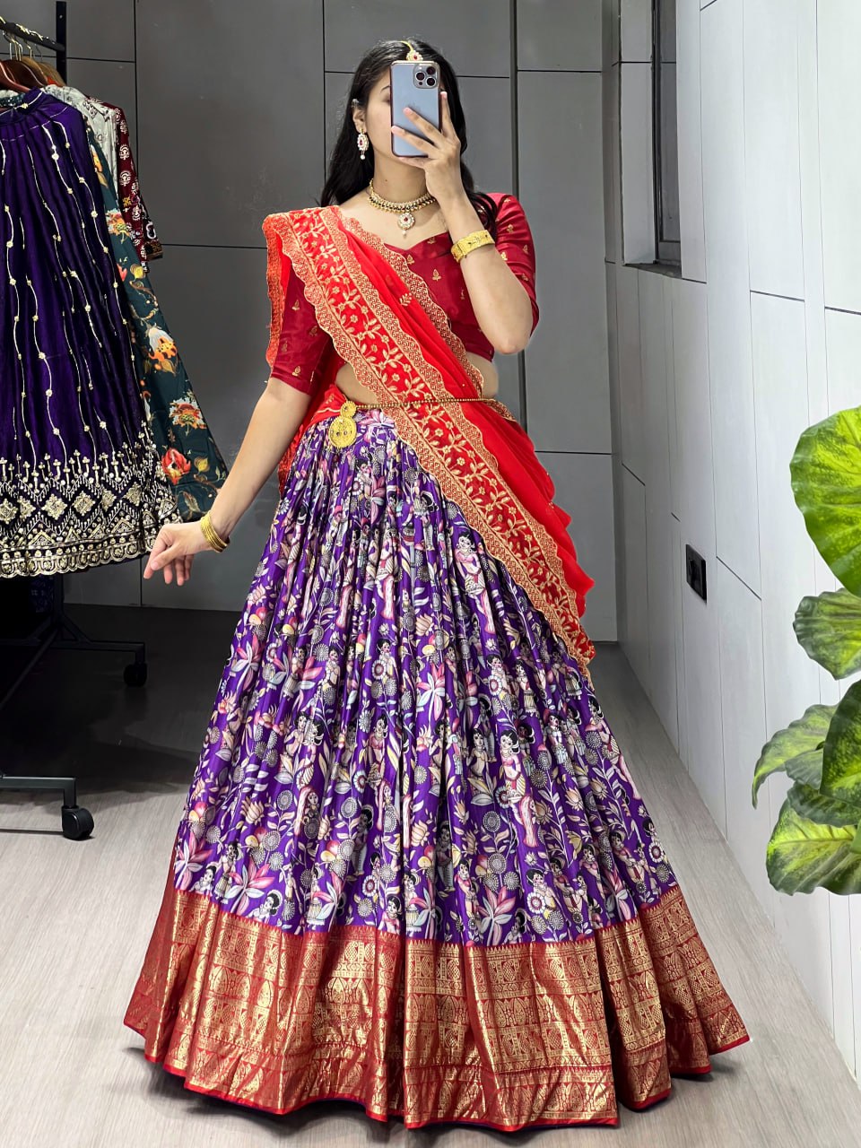 Purple Kalamkari soft dola silk half saree lehenga with embroidered dupatta