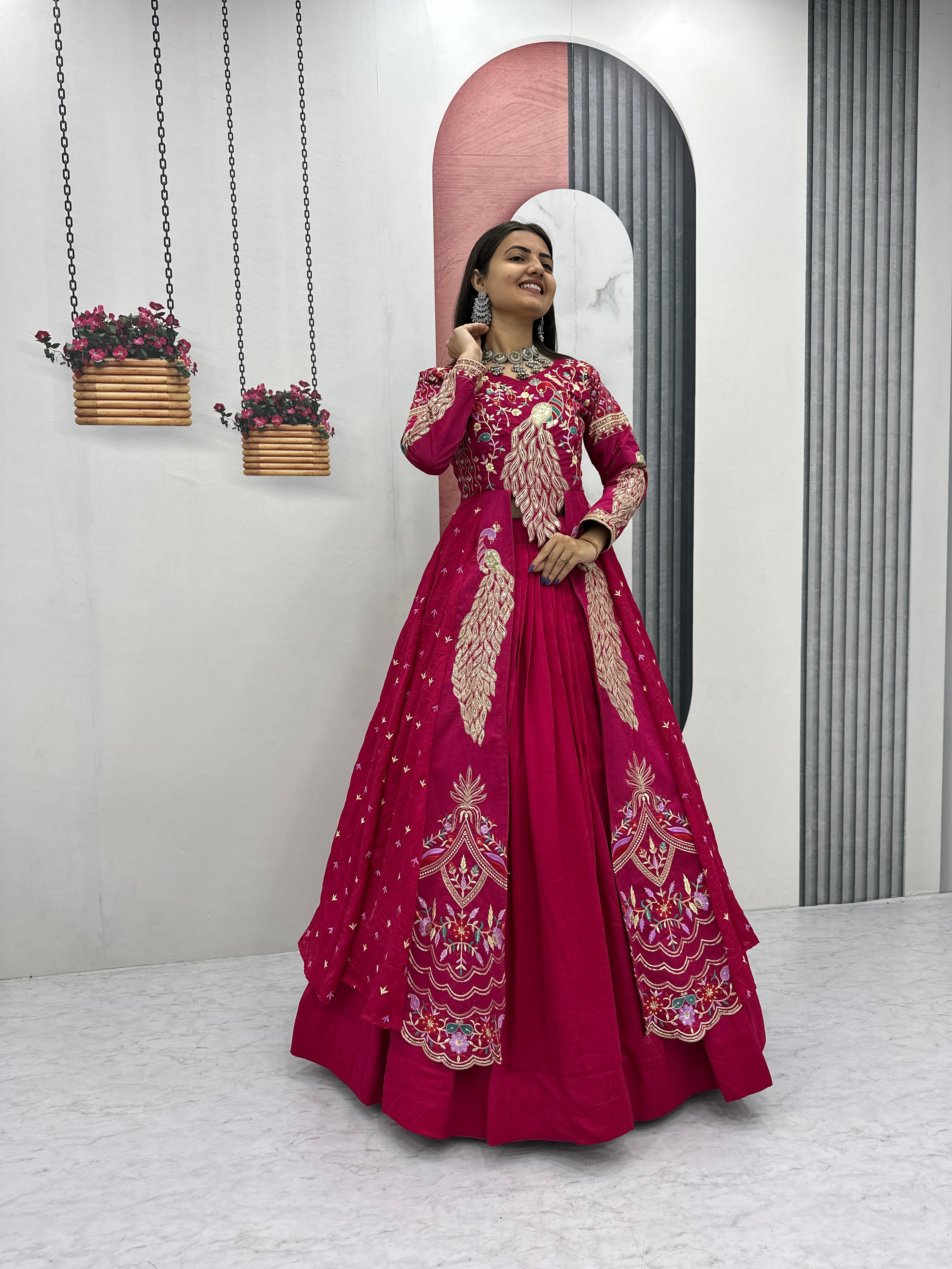 Mani pink vichitra silk crop top peacock design lehenga with embroidered shrug