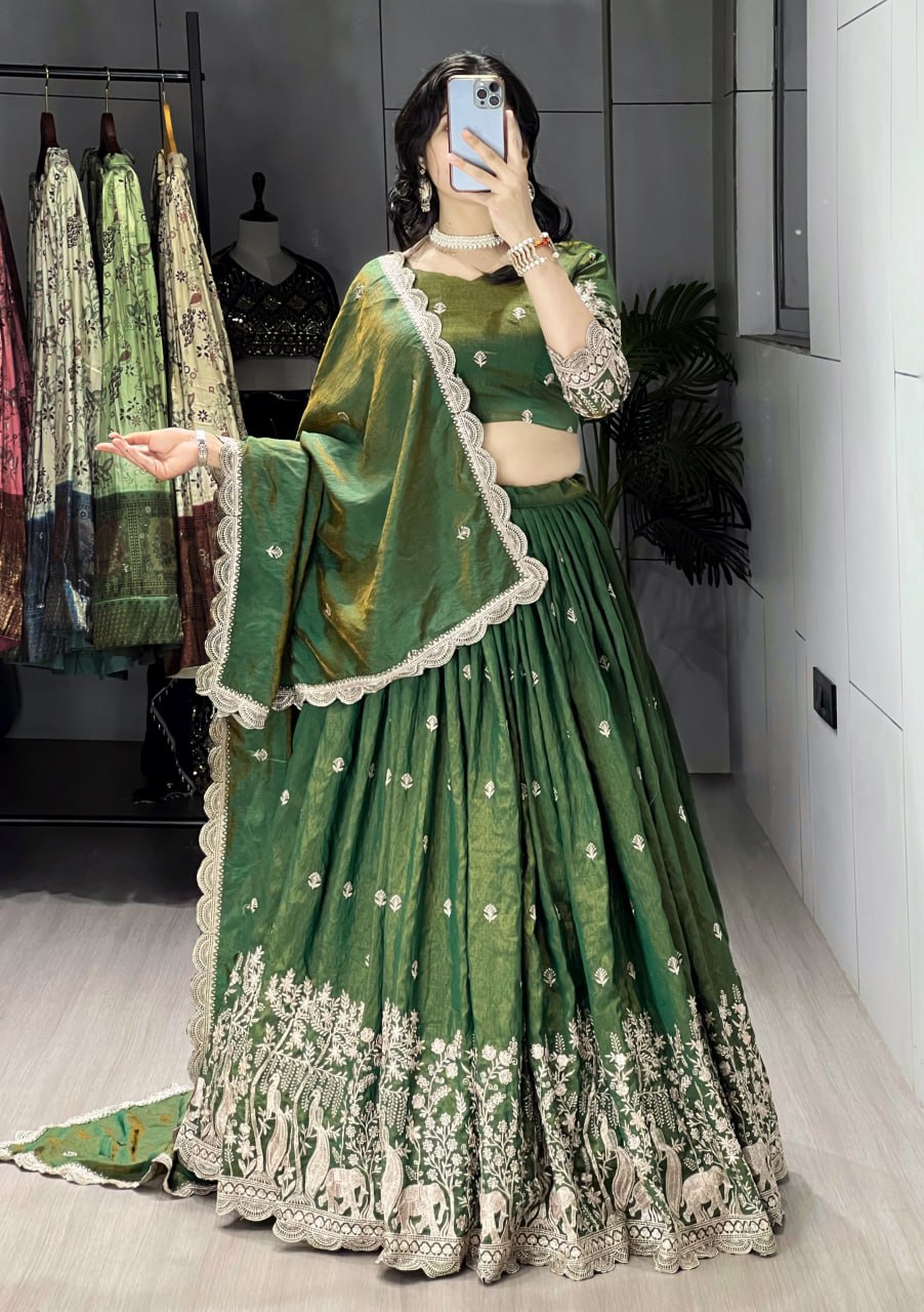 Dipa olive green Vichitra silk embroidered lehenga choli with dupatta