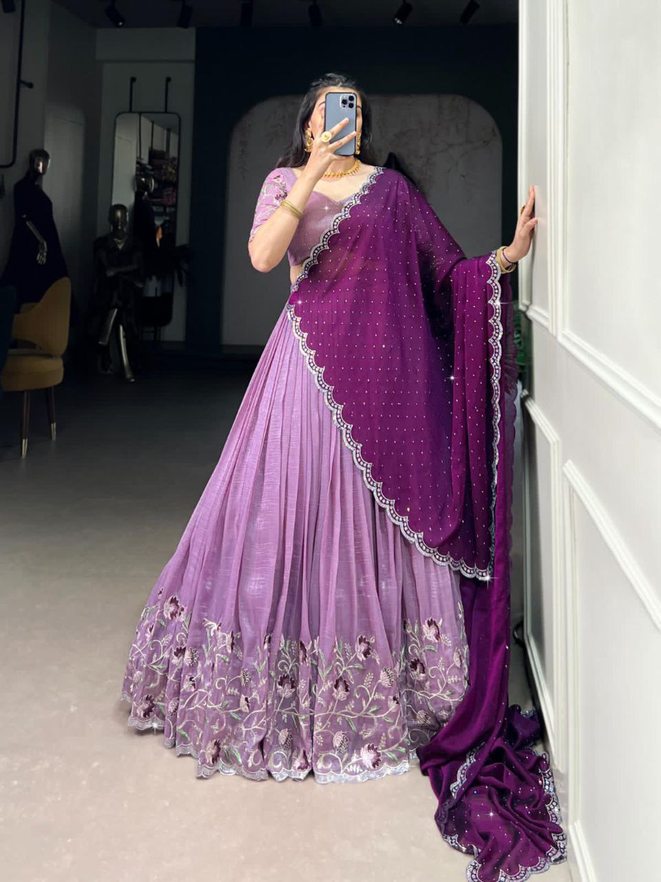 Lavender glossy lehenga choli with silver embroidery and hotfix work