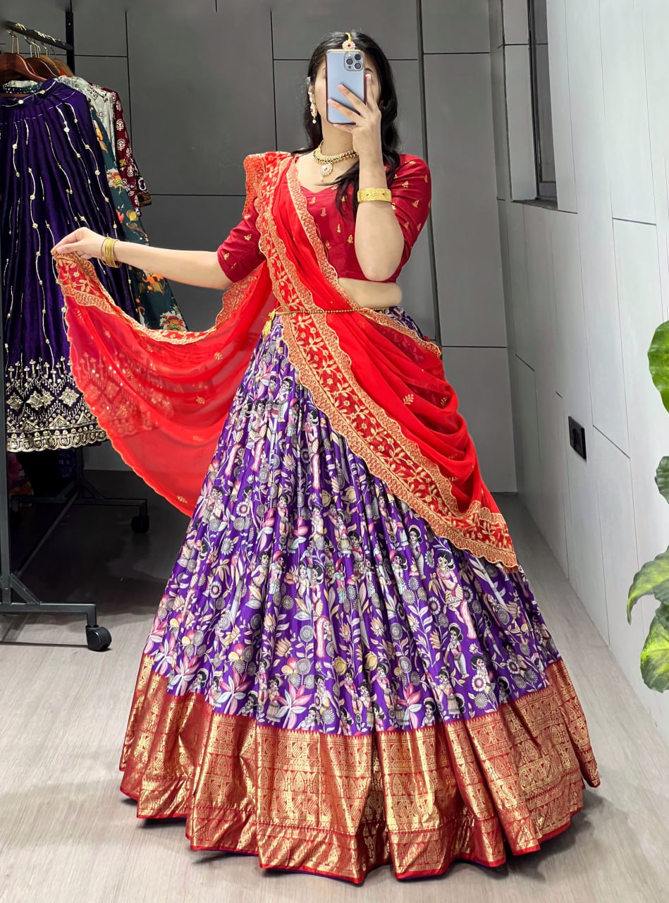 Purple Kalamkari soft dola silk half saree lehenga with embroidered dupatta