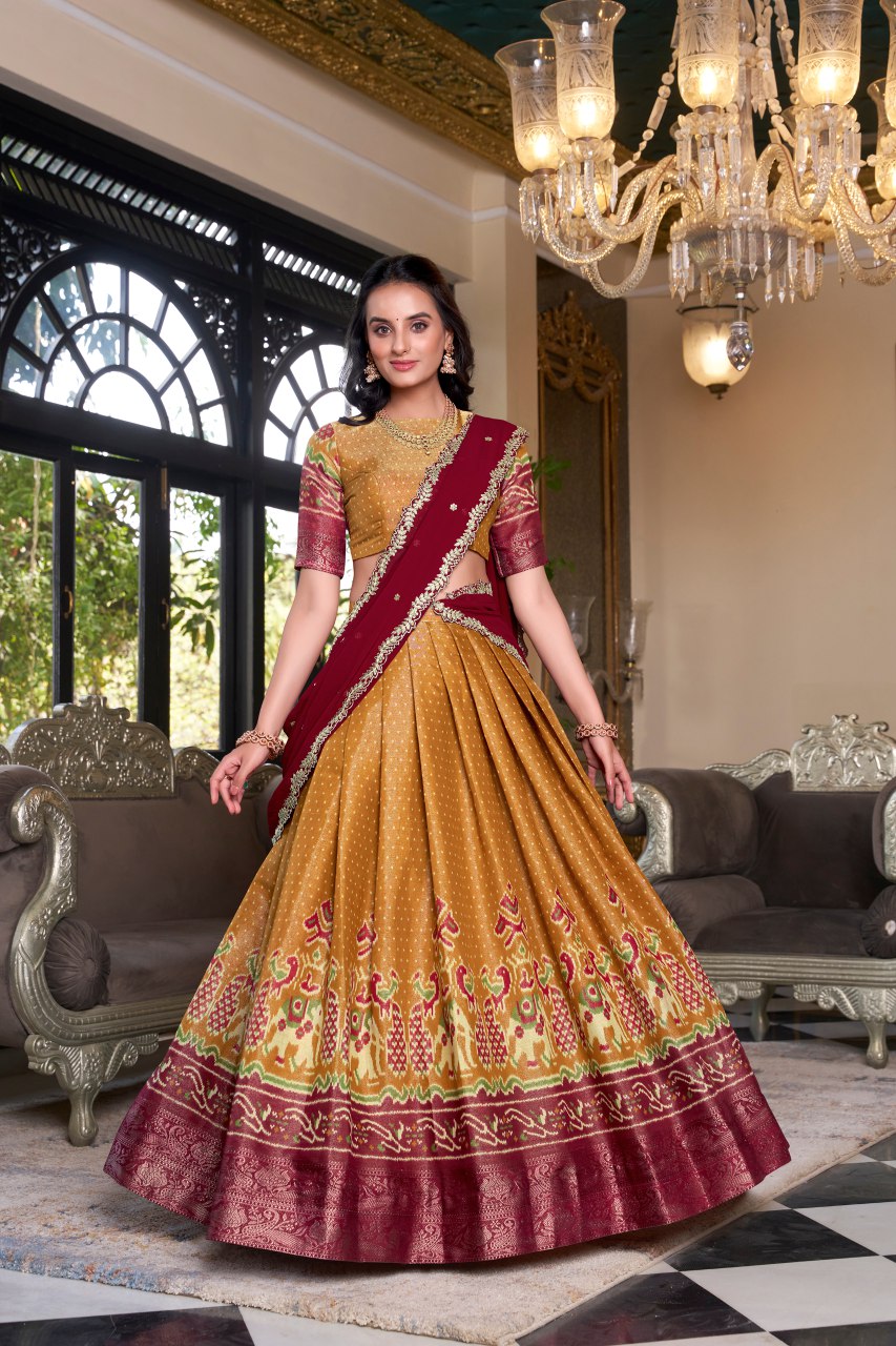 Yellow Kanchipuram silk printed lehenga choli with embroidered dupatta