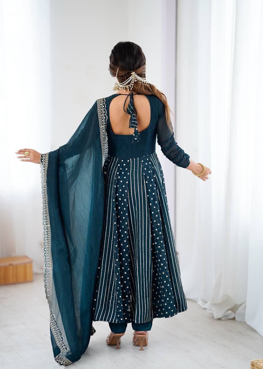 Teal green crunchy silk embroidered Anarkali suit set