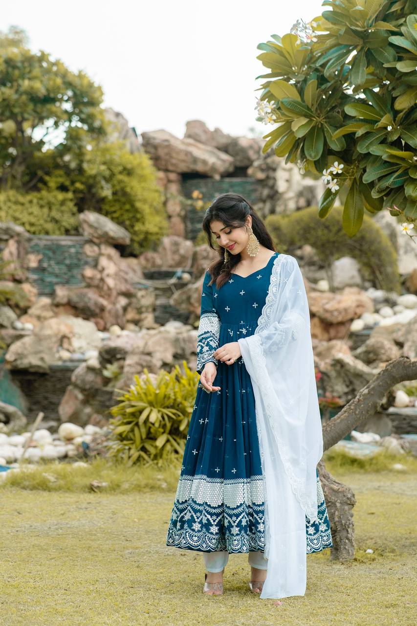 Blue georgette embroidered Nivriti designer Anarkali suit