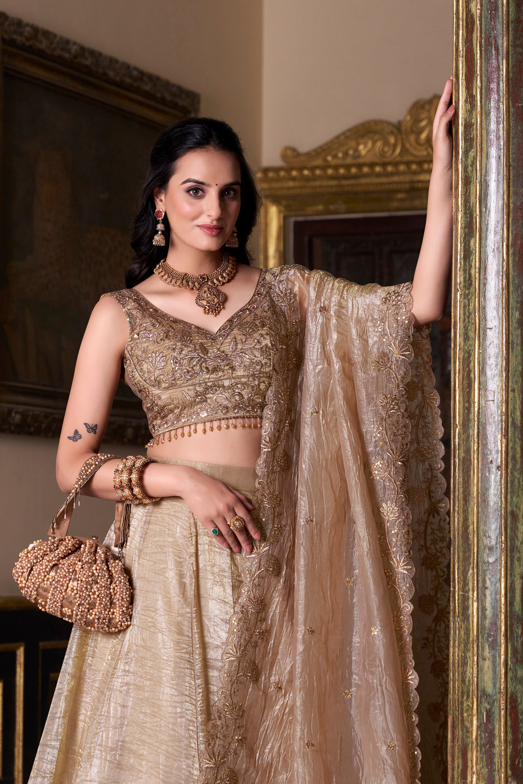 Antique golden gold crush lehenga choli with sequins embroidered dupatta