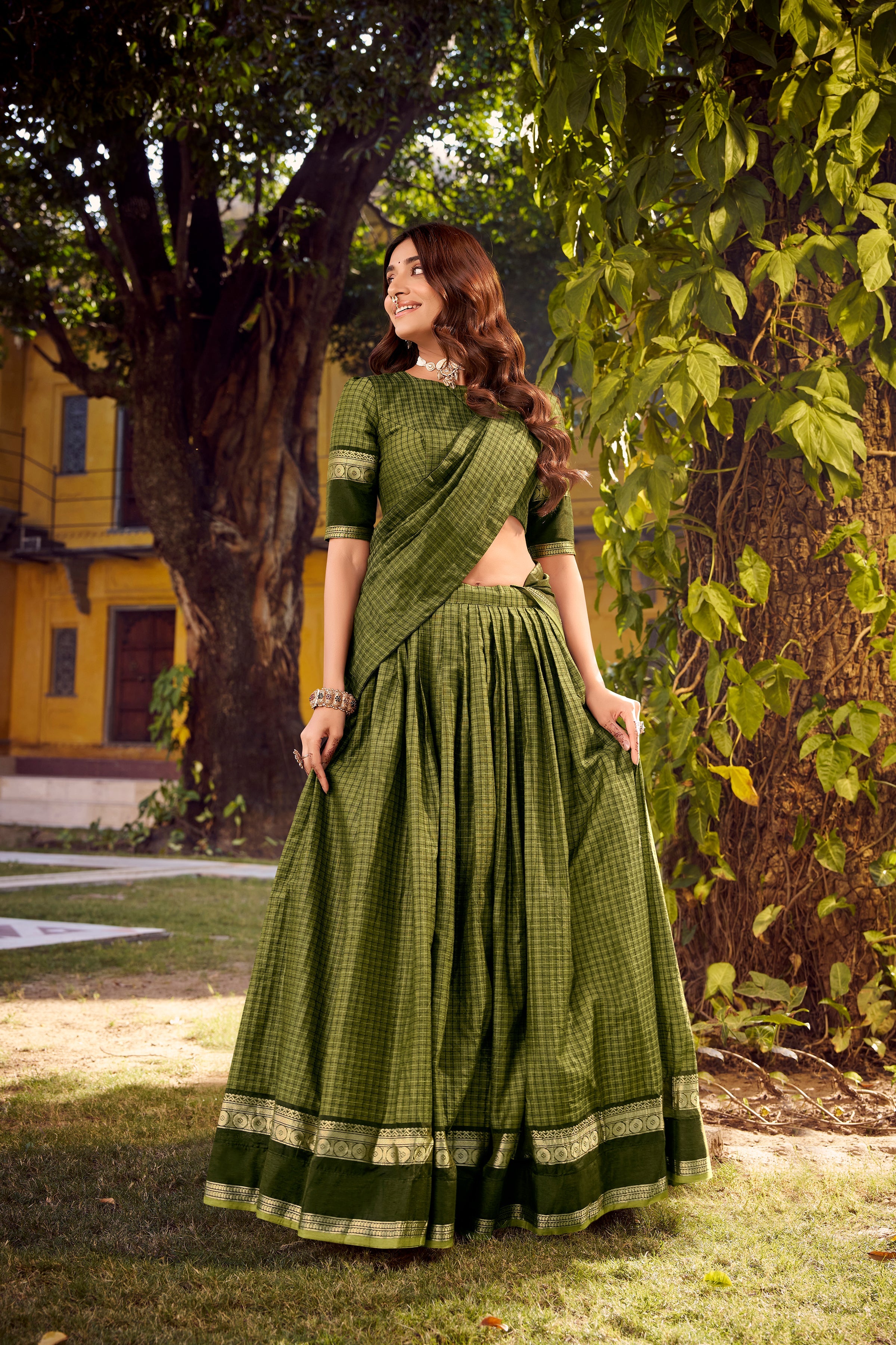 Rimi green Chettinad cotton chex half saree lehenga with zari weaving work