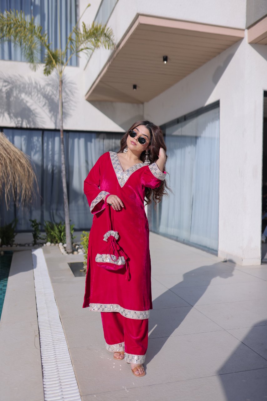 Elvya rani pink velvet kurti set with zari embroidered mirror work