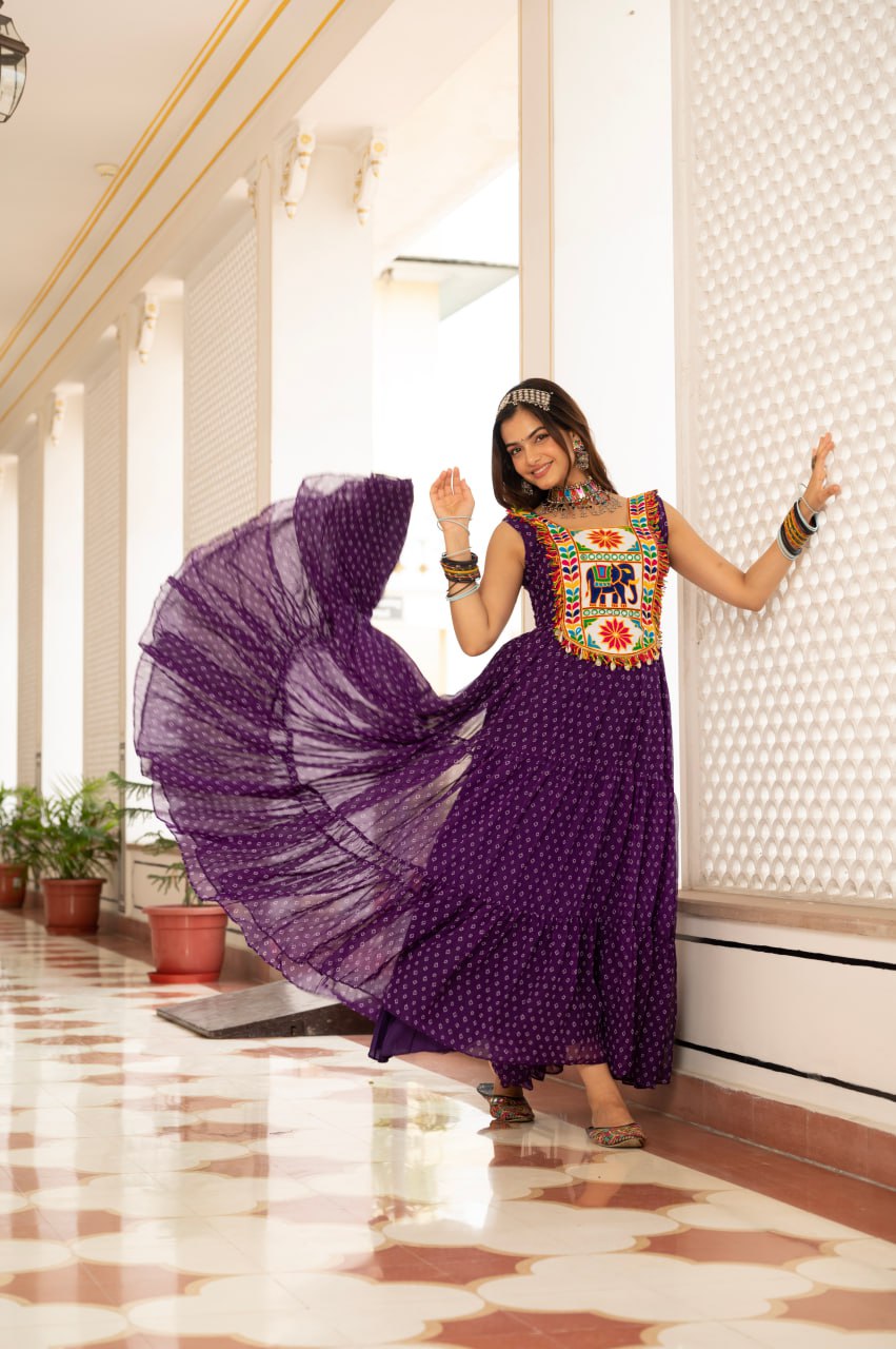 Purple faux georgette Bandhani print Kutchi patch mirror work gown