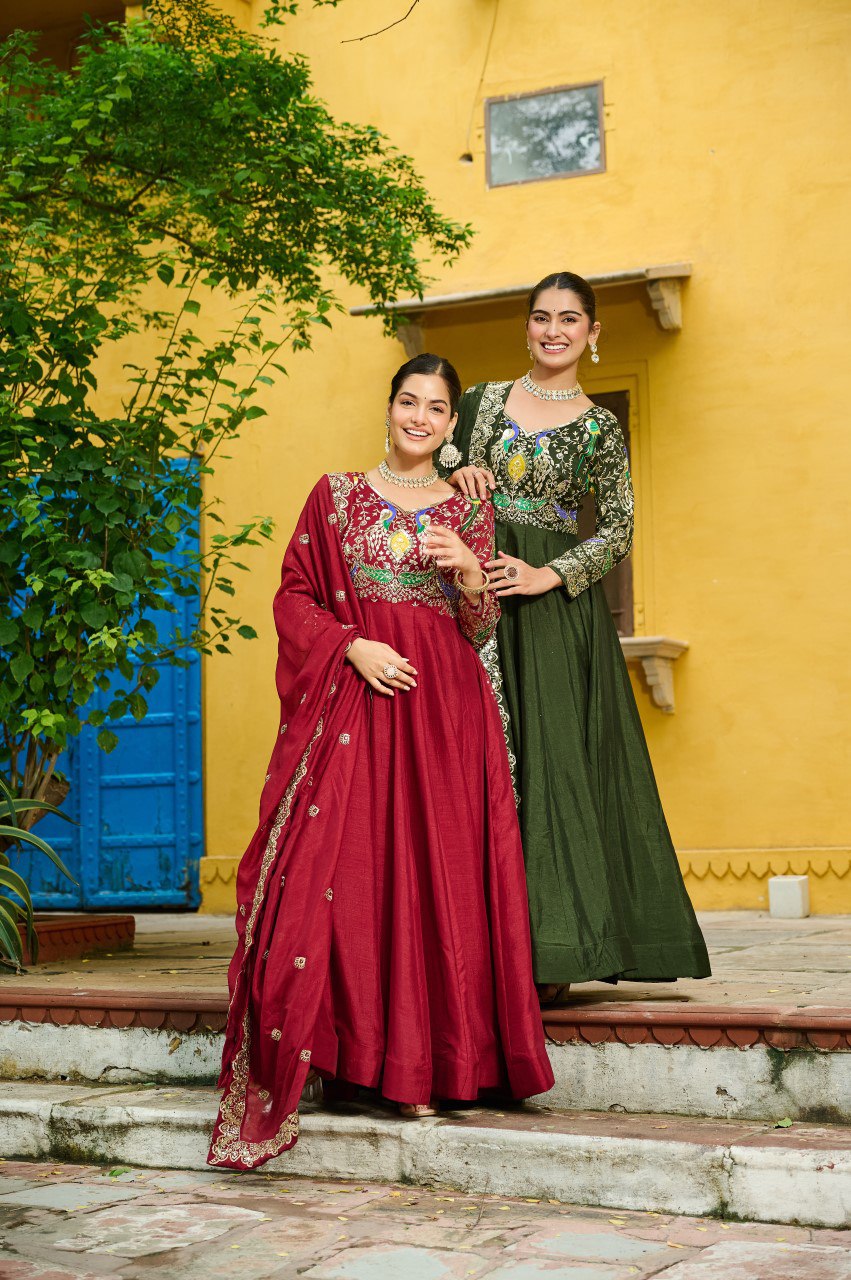 Maroon silk gown with multi thread zari embroidery and dupatta