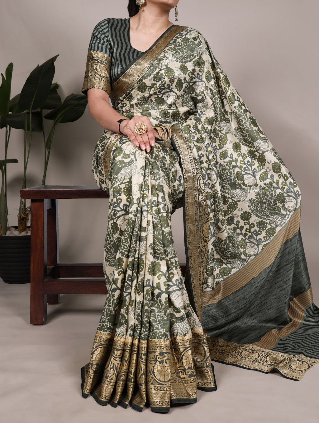 Green tasar silk printed saree with viscose border and blouse