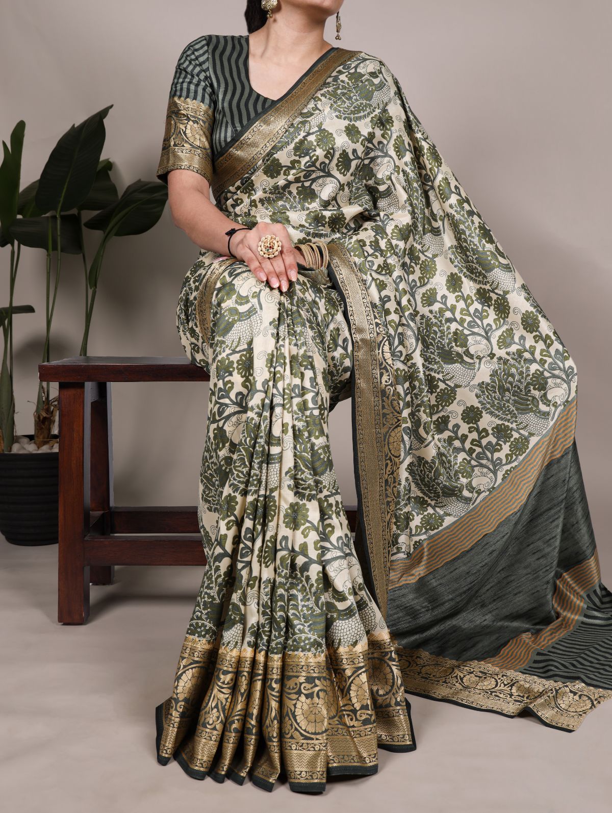 Green tasar silk printed saree with viscose border and blouse