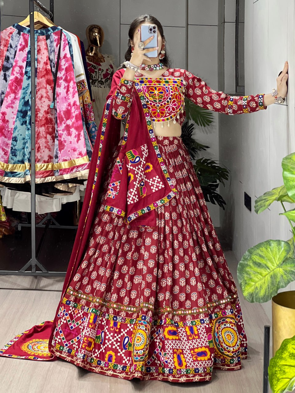 Maroon rayon cotton lehenga choli with Ajrakh print and mirror work