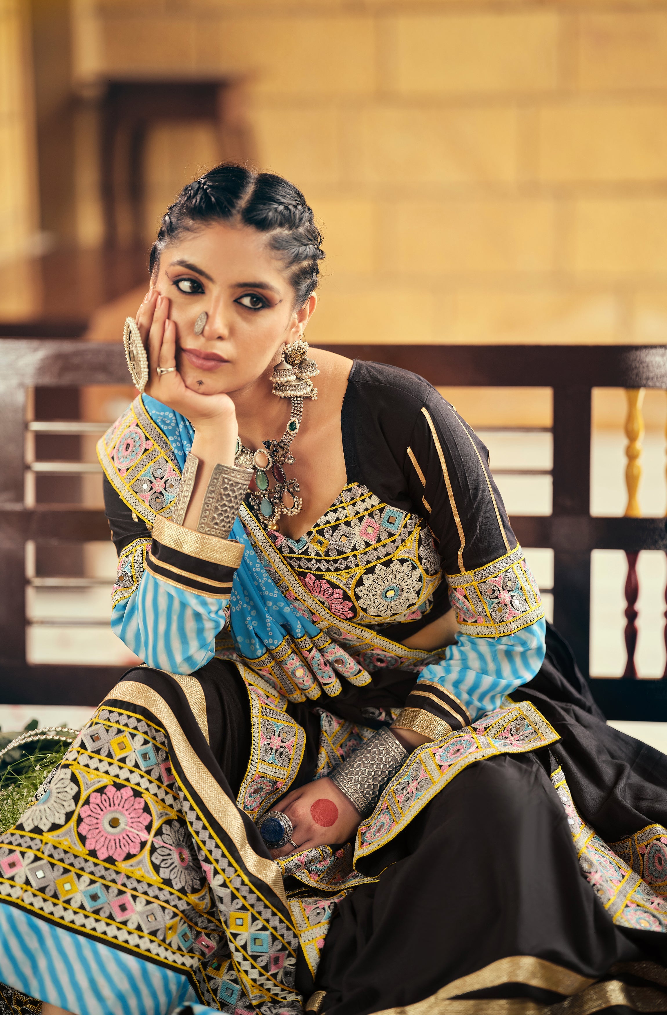 Black pure rayon embroidery mirror work lehenga choli