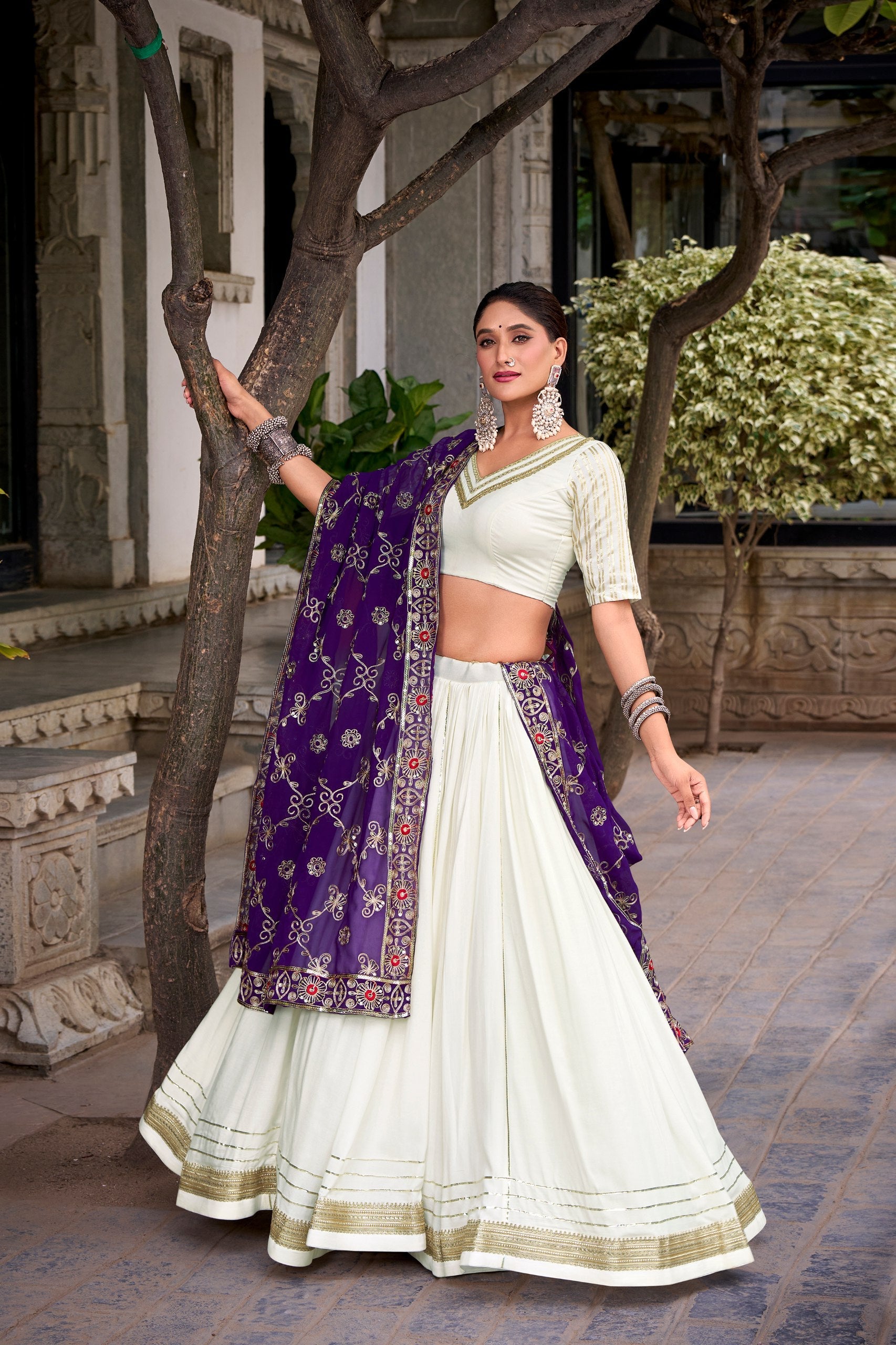 White pure rayon lace work lehenga choli with georgette sequins dupatta
