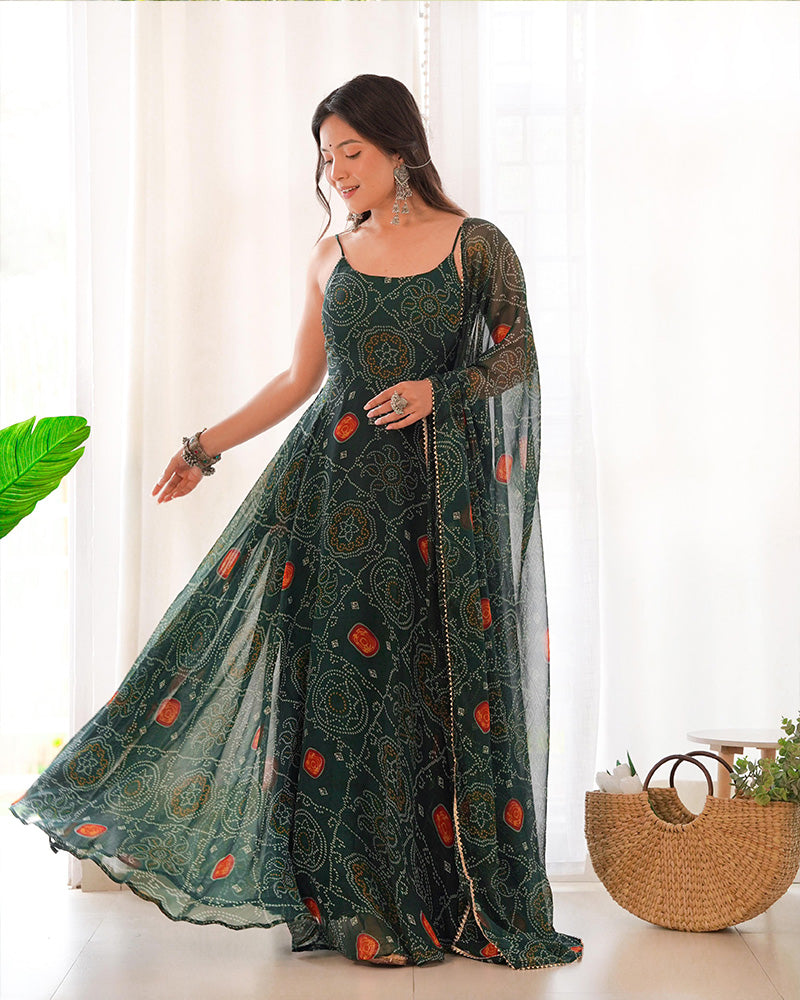 Manmayi green bandhani printed anarkali gown set