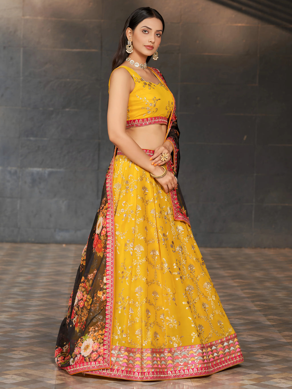 Navya mustard yellow floral embroidered lehenga choli with dupatta
