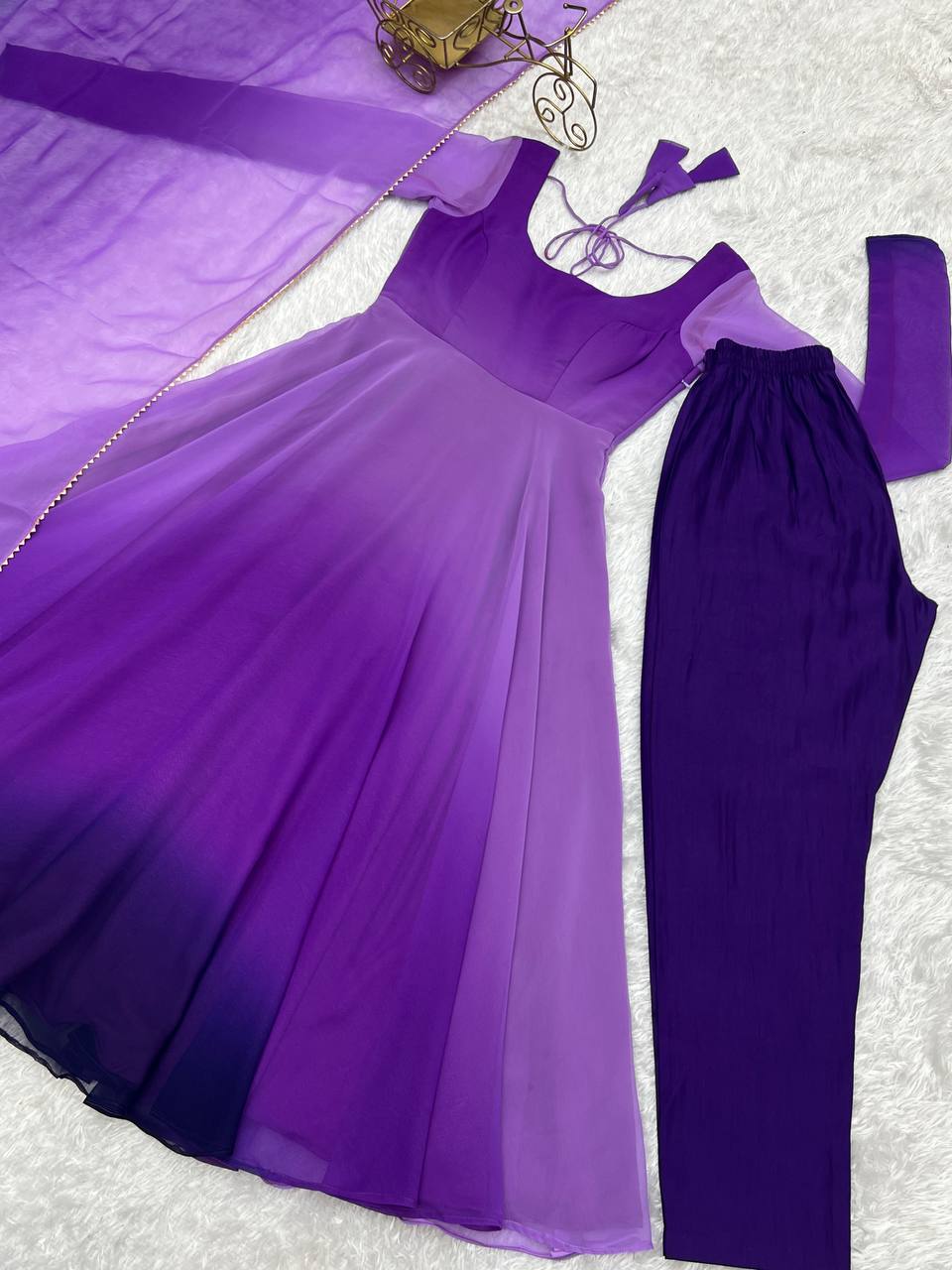 Purple georgette Anarkali gown with dupatta, printed flair gown set, party wear Anarkali set for women—fully stitched festive Trinaari outfit.
