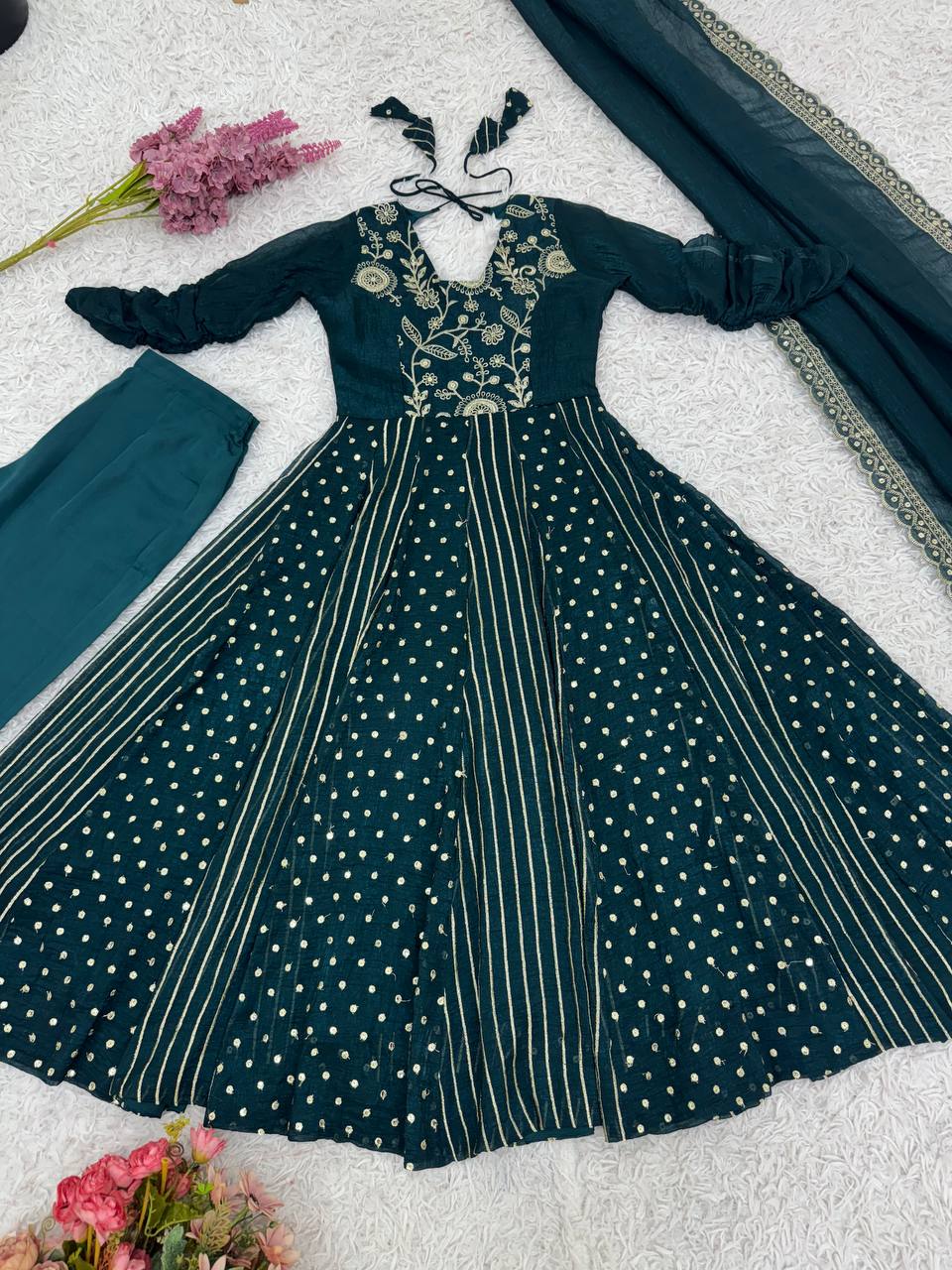 Teal green crunchy silk embroidered Anarkali suit set