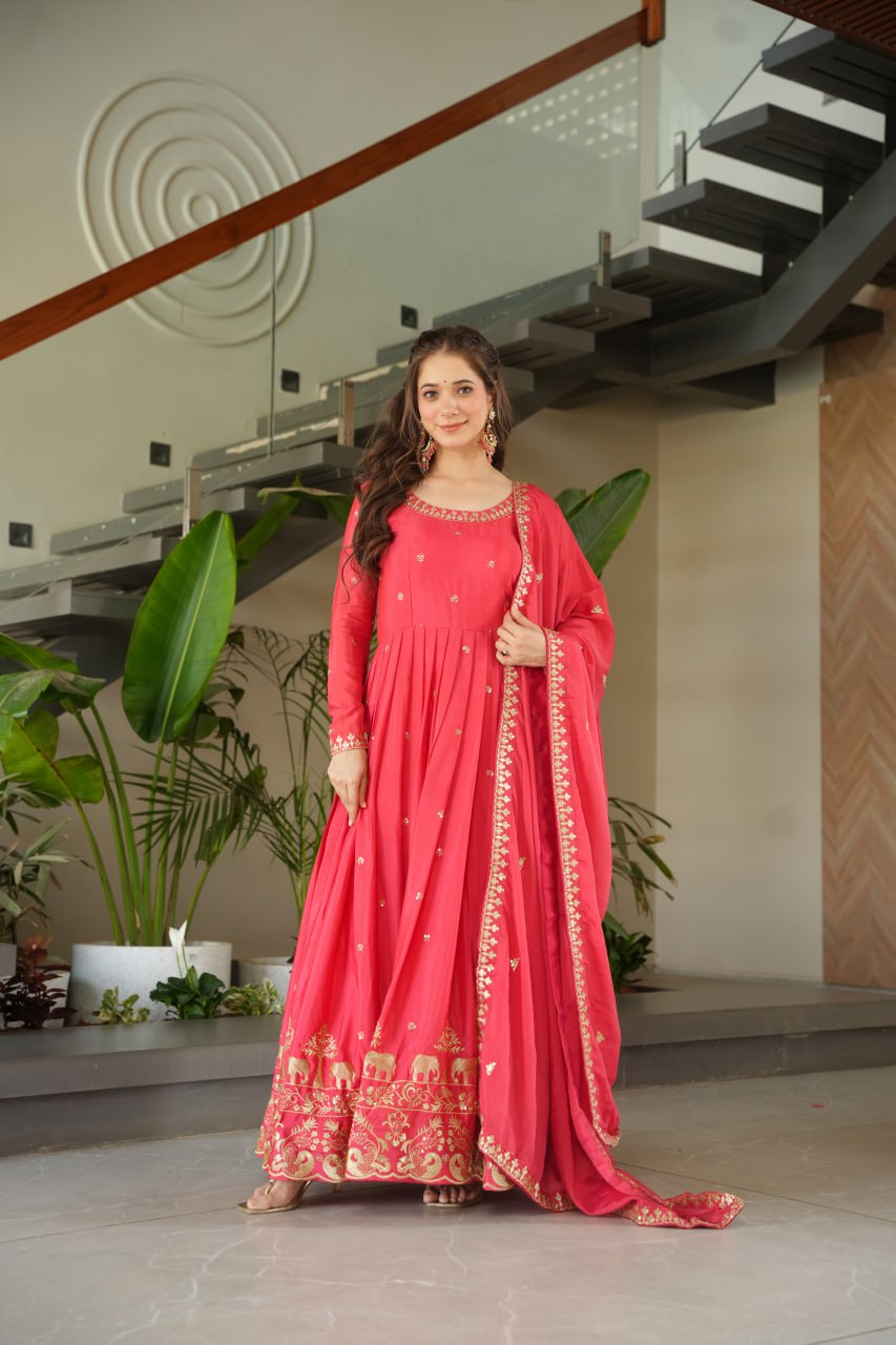 Harvisha rani pink chinon silk embroidered gown