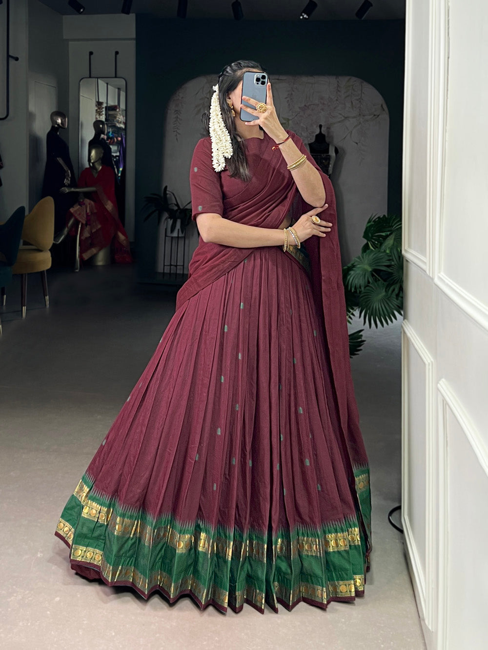 Maroon traditional Chanderi half-saree lehenga with zari work