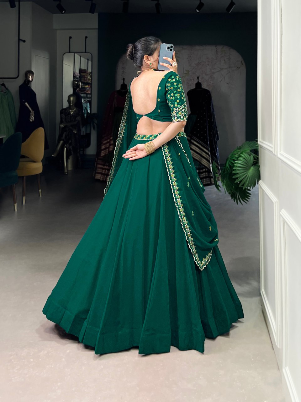 Emerald green georgette thread embroidery work lehenga choli