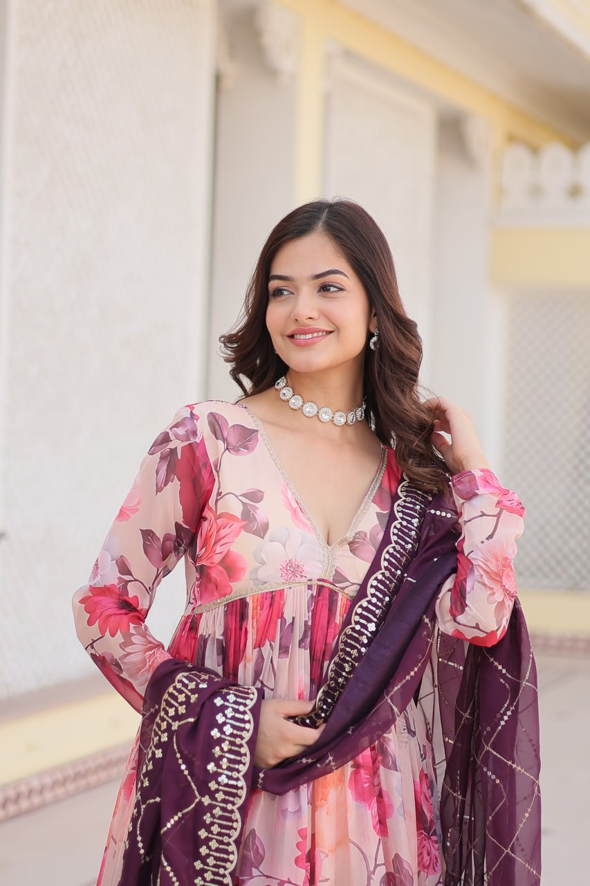 Savitri russian silk printed alia cut pink anarkali suit set