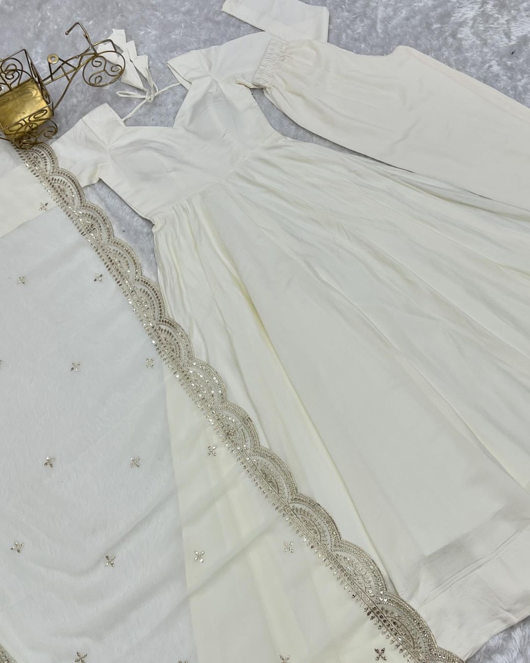 Prema white chanderi silk anarkali suit set