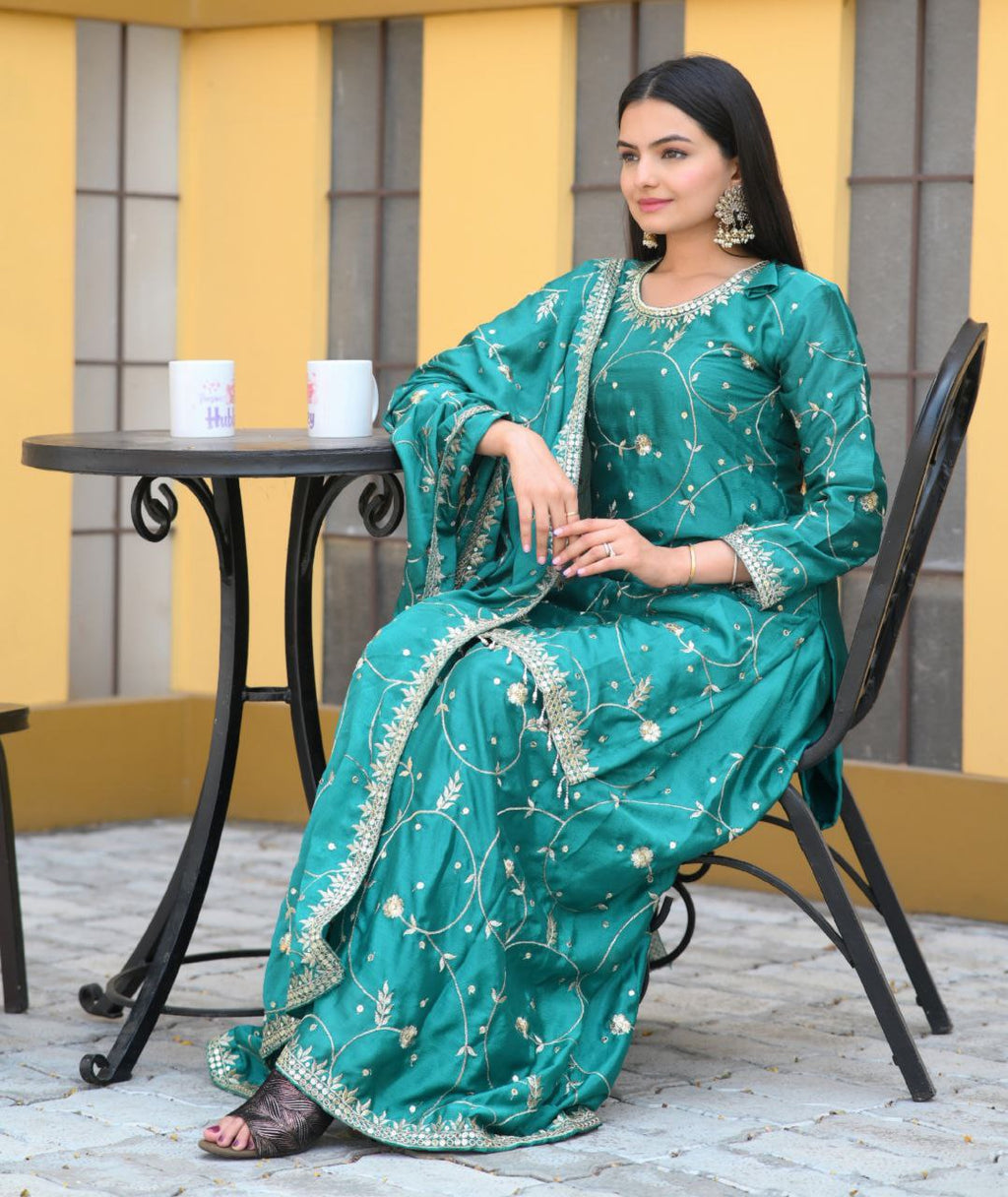 Teal chinon embroidered Keisha designer sharara suit